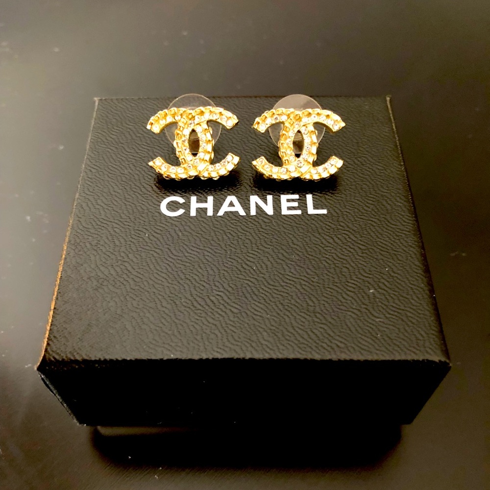 Chanel Gold & Faux Diamond Costume Jewelry Stud Earrings